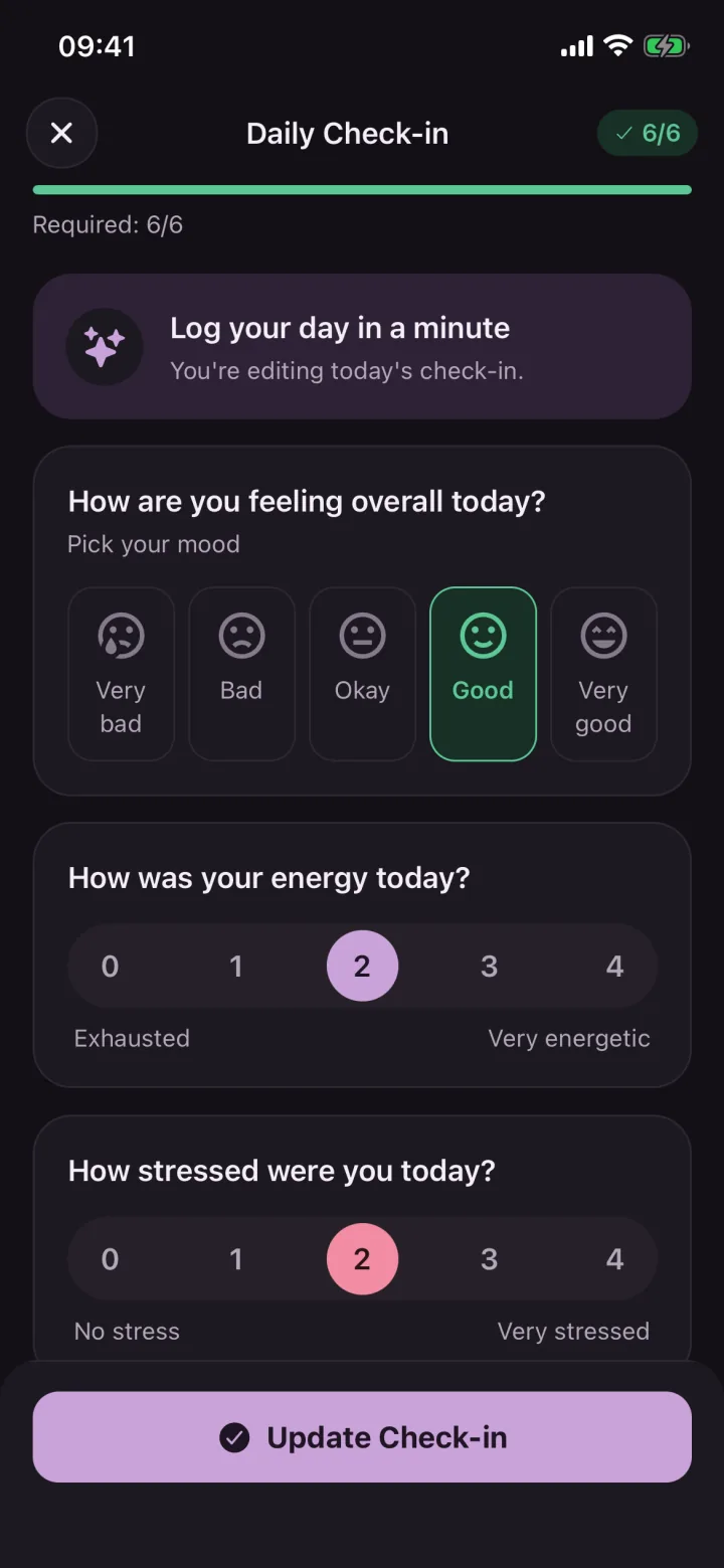 Daily check-in screen: choosing mood, energy and stress