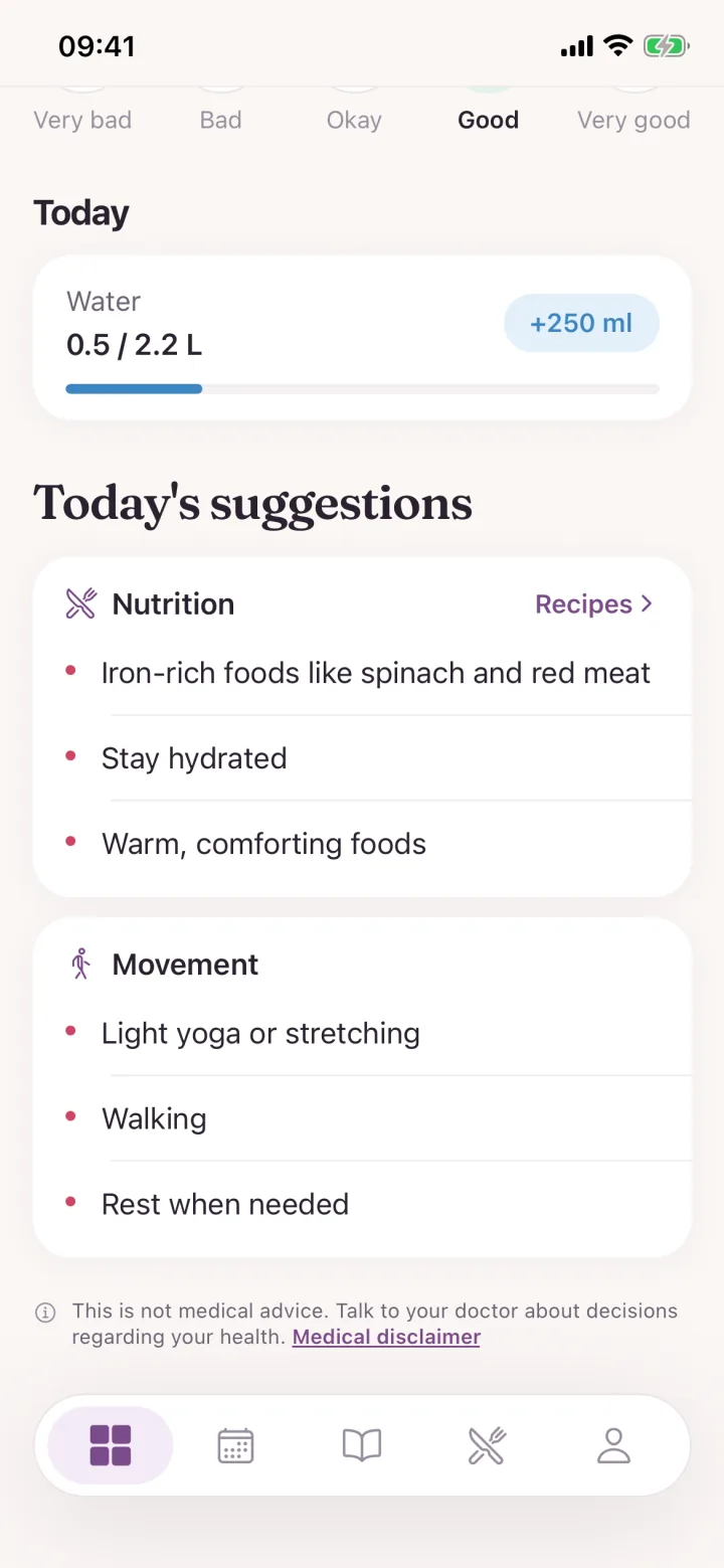 Food and movement suggestions for the current cycle phase