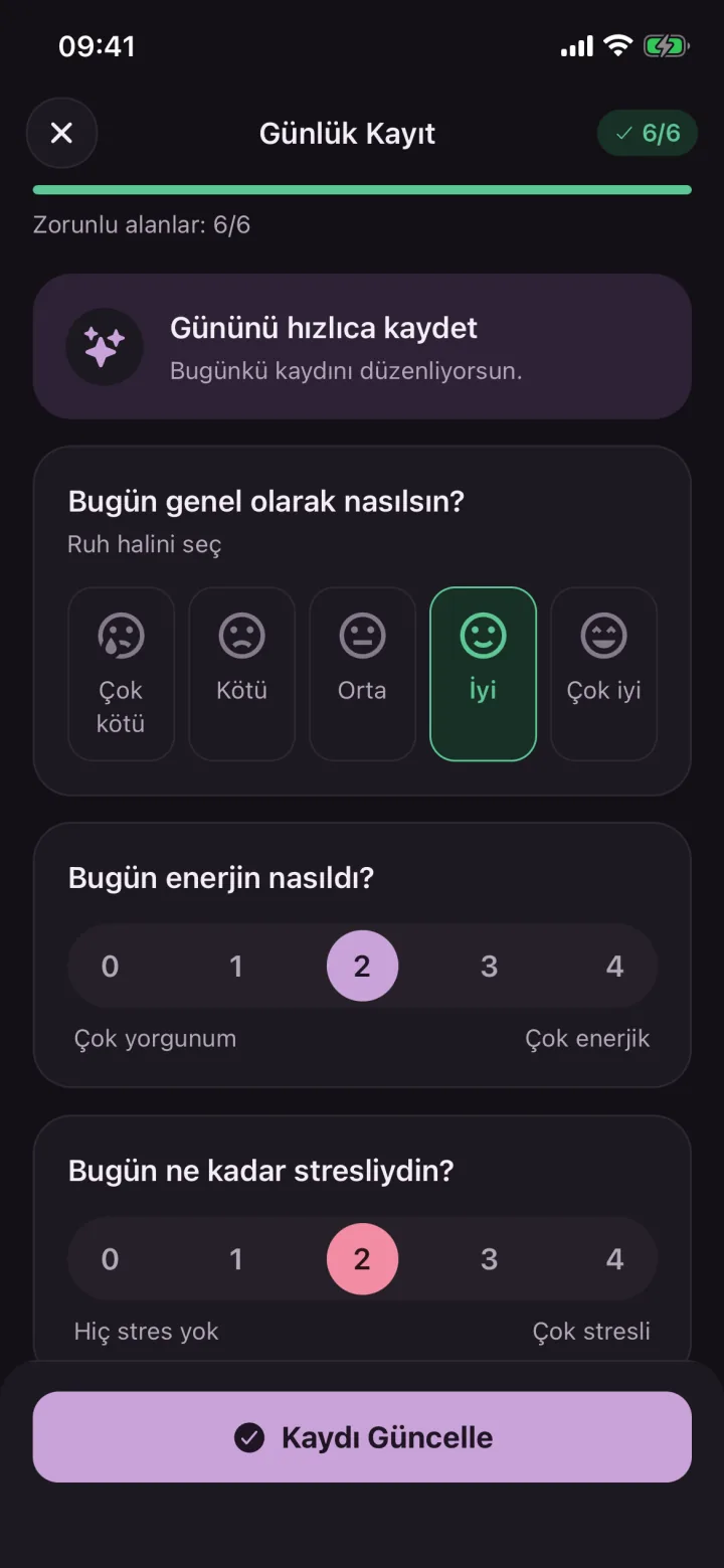Günlük kayıt ekranı: ruh hâli, enerji ve stres seçimi